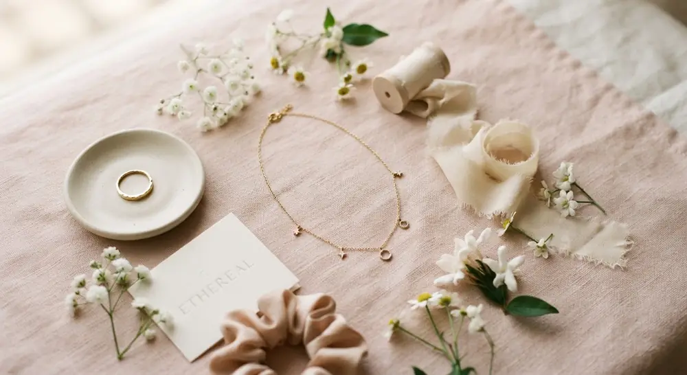 A flat lay of delicate jewelry, flowers and ribbon