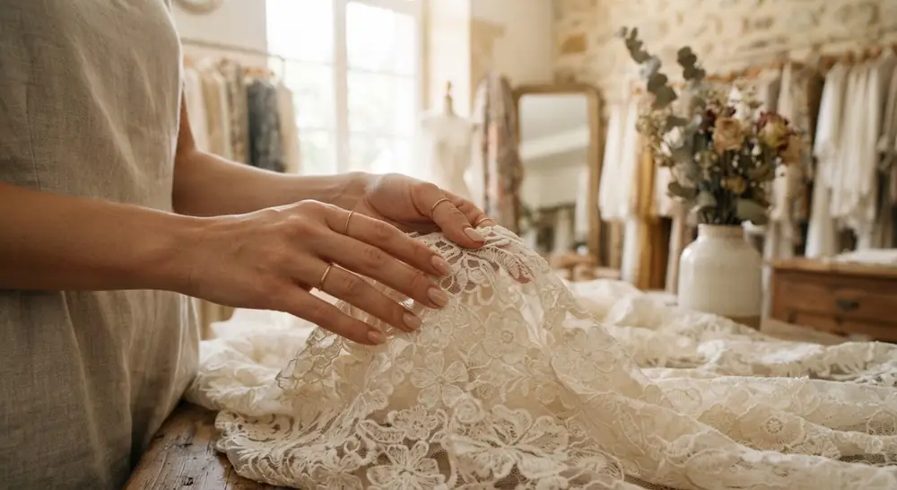 Hands touching soft lace fabric
