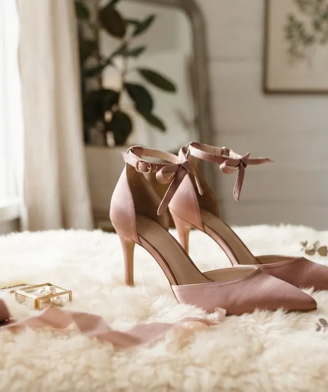 Dusty rose satin heels with ankle ties