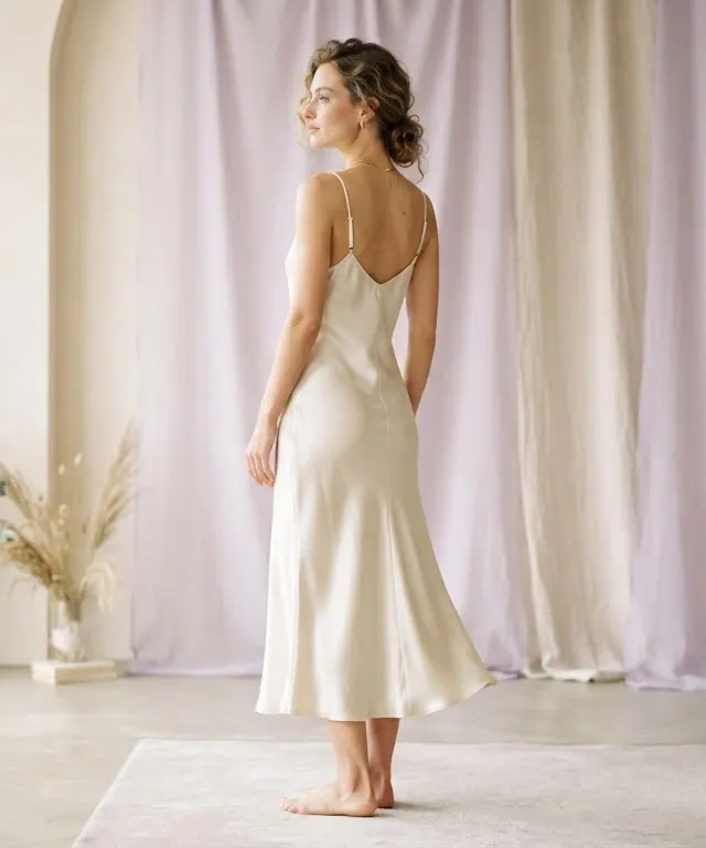 Blush satin slip dress with a soft draped skirt