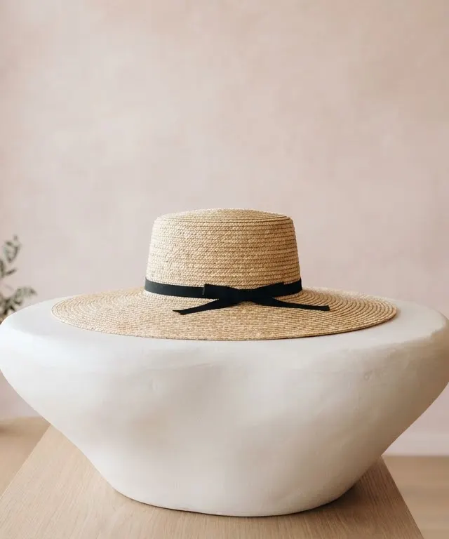 Wide-brimmed straw hat with a black ribbon